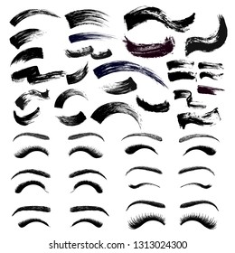 Set of make-up cosmetic mascara brush stroke texture design. False eyelashes and eyebrows. Realistic mascara smear template. Mascara eyelashes. Hand drawn lash scribble swatch. Vector illustration.