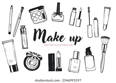 Set of makeup cosmetic products and tools illustration with hand-drawn style on white background. Includes brushes, lipstick, mascara, nail polish, foundation, and more. Beauty design concept.