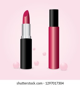 Set of makeup cosmetics. Lip balm and lipstick isolated. Vector illustration