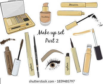 Set of makeup cosmetics products in handdrawn style. Vector illustration.