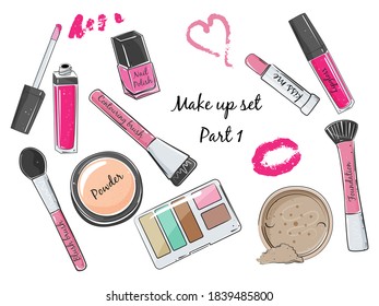 Set of makeup cosmetics products in handdrawn style. Vector illustration.