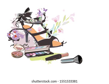 Set of makeup elements and shoes for fashion look. Accessories and flowers. Hand drawn vector illustration.