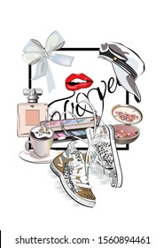 Set of makeup elements and shoes for fashion look. Accessories and flowers. Hand drawn vector illustration.