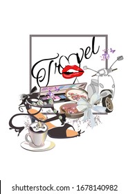 Set of makeup elements and shoes for fashion look. Accessories and flowers. Hand drawn vector illustration.