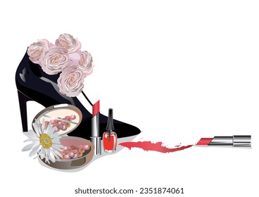 Conjunto de elementos de maquillaje y zapatos para la apariencia de moda. Accesorios y flores. Ilustración vectorial dibujada a mano.