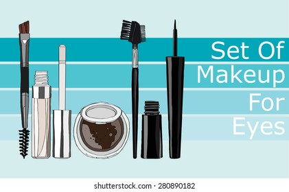 set of makeup for the eyes - eye shadow, brush with a comb, liquid eyeliner, eye balm. vector illustration for your design, cosmetic banners, brochures and promotional items.