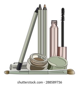 set of makeup for the eyes - some eyeliner, mascara, brush - Applicator and  Cream Eyeliner. vector illustration for your design