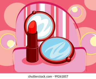 set makeup for girls - red lipstick and a small double mirror on a pink table background