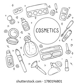 Set of makeup icons. Cosmetic products and accessories sketch. Fashion makeup banner. Simple cute beauty elements. Hand drawn doodle vector illustration