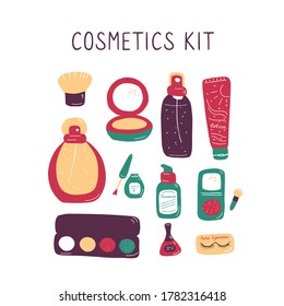 Set of makeup icons. Cosmetic products and accessories sketch. Fashion makeup banner. Simple cute beauty elements. Hand drawn flat doodle vector illustration