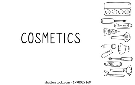 Set of makeup icons. Cosmetic products and accessories sketch. Fashion makeup banner. Simple cute beauty elements. Hand drawn doodle vector illustration