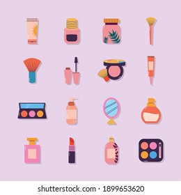 set of makeup icons on a light purple background vector illustration design