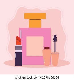 conjunto de iconos de maquillaje sobre un diseño de ilustración vectorial de fondo rosa