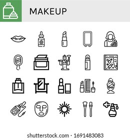 Set of makeup icons. Such as Shaving cream, Lips, Serum, Lipstick, Mirror, Makeup artist, Face cream, Kabuki, Deodorant, Beauty, Cologne, Makeup, Facial mask, brushes , icons