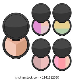 Set of makeup items. Five bright eye shadows. Vector illustration.
