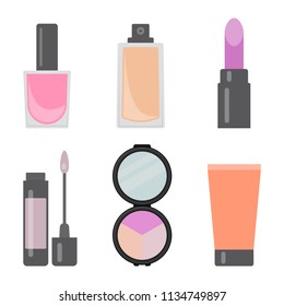 Set of makeup items. Nail varnish, cream for the skin, lipstick, lip gloss, eye shadows, cosmetic tube. Vector illustration.
