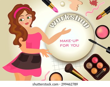 A set of makeup, mascara, lipstick, eye shadow, blush, brush and makeup girl