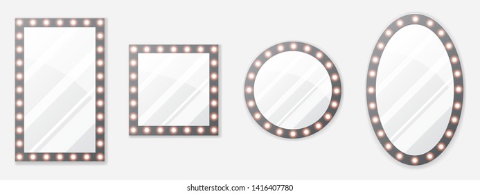 Set of makeup mirror with gold lights. Vector illustration
