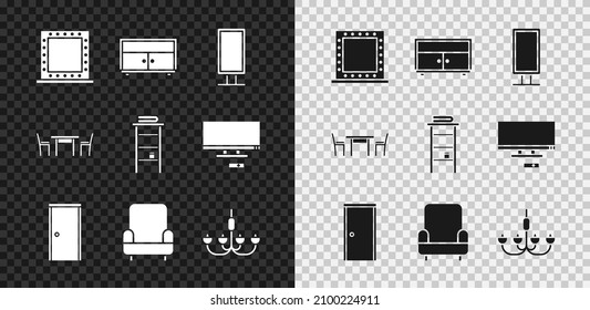 Set Makeup mirror with lights, Chest of drawers, Big full length, Closed door, Armchair, Chandelier, Wooden table and Bathroom rack shelves for towels icon. Vector