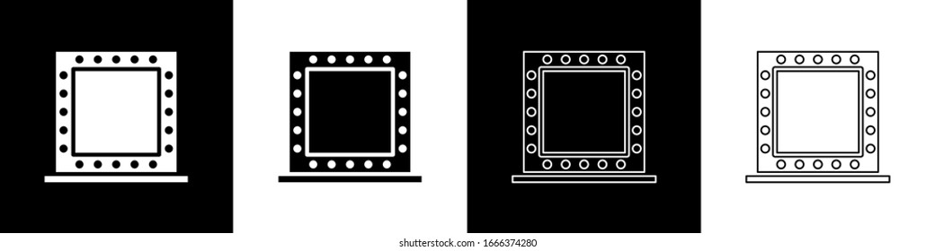 Set Makeup mirror with lights icon isolated on black and white background.  Vector Illustration