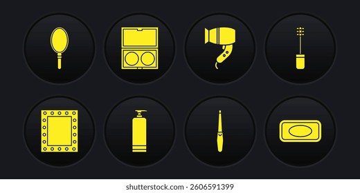 Set Makeup mirror with lights, Mascara brush, Cream cosmetic tube, Nail file, Hair dryer, powder, Bar of soap and Hand icon. Vector
