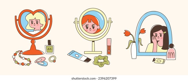 Espejos de maquillaje y productos de belleza. Ilustración vectorial del concepto de autocuidado femenino. Muchachas guapas mirándose en el espejo. Elementos dibujados a mano.