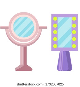 Ein Satz Schminkspiegel. Sammlung von Spiegeln mit Standleuchte und integriertem Licht auf weißem Hintergrund. Geräte für weibliche Schönheit. Vector Illustration in flachem Stil.