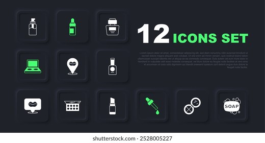 Conjunto de polvo de maquillaje con espejo, barra de jabón, labios sonrientes, aceite de pipeta, cepillo de paleta de sombra de ojos, botella esencial e icono de lápiz labial. Vector