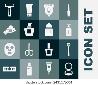 Set Makeup powder with mirror, brush, Cream lotion cosmetic tube, Epilator, Shaving razor and Antiperspirant deodorant roll icon. Vector
