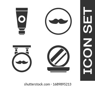 Set Makeup powder with mirror, Cream or lotion cosmetic tube, Barbershop and Mustache icon. Vector