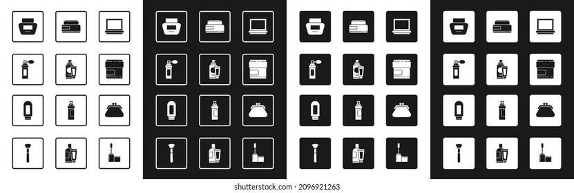 Set Makeup powder with mirror, Cream lotion cosmetic tube, Perfume, Clutch bag and  icon. Vector