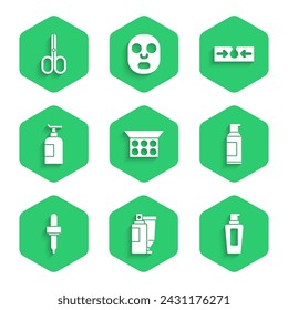 Set Makeup powder with mirror, Cream lotion cosmetic tube, Bottle of shampoo, Spray can for hairspray, Pipette, Acne and Scissors icon. Vector