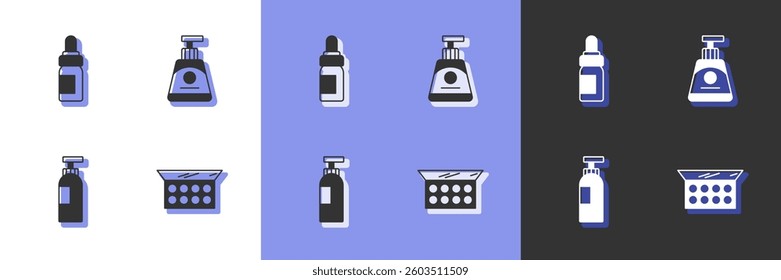 Set Makeup powder with mirror, Essential oil bottle, Bottle of shampoo and Cream lotion cosmetic tube icon. Vector