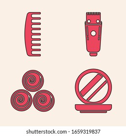 Set Makeup powder with mirror, Hairbrush, Electrical hair clipper or shaver and Towel rolls icon. Vector