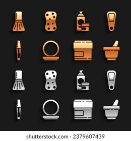 Set Makeup powder with mirror, Hand, Mortar pestle, Cream lotion cosmetic tube, Mascara brush,  and Sponge bubbles icon. Vector
