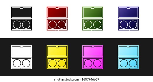 Set Makeup powder with mirror icon isolated on black and white background.  Vector Illustration