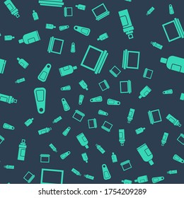 Set Makeup powder with mirror, Perfume, Hand mirror and Bottle of shampoo on seamless pattern. Vector