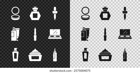 Set Makeup powder with mirror, Perfume, Pipette, Bottle of shampoo, Cream lotion cosmetic tube,  and Nail file icon. Vector