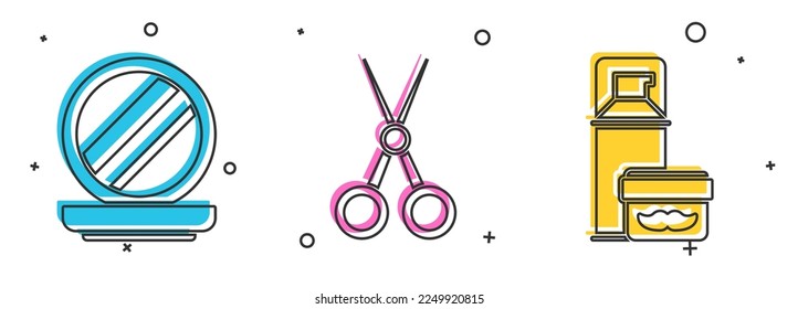 Set Makeup powder with mirror, Scissors hairdresser and Shaving gel foam icon. Vector