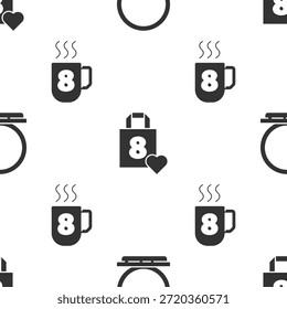 Set polvo de maquillaje con espejo, bolsa de compras con corazón y taza de café con 8 de marzo en patrón transparente. Vector