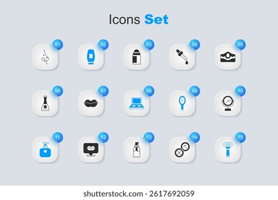 Set Makeup powder with mirror, Smiling lips, Bottle of shampoo, Tube hand cream, Shaving razor, Round makeup, Acne and Eye shadow palette brush icon. Vector
