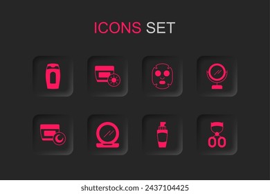 Set Makeup powder with mirror, Sunscreen cream in tube, Bottle of shampoo, Tube hand, Round makeup, Eyelash curler, Facial cosmetic mask and Cream lotion icon. Vector