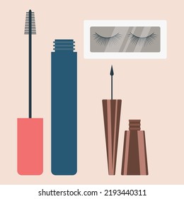 Conjunto De Productos De Maquillaje Para Ilustración De Vectores Ojos En Estilo Plano