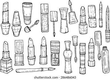 Set of make-up products: lip balms, lipsticks, lip glosses and pencils. Vector