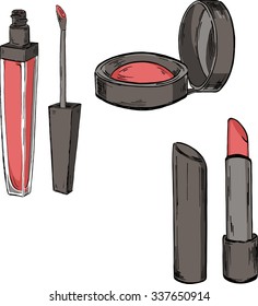 Set of makeup products, lip gloss, lipstick and blush. cartoon sketch drawn by ink. Hand drawn vector illustration.