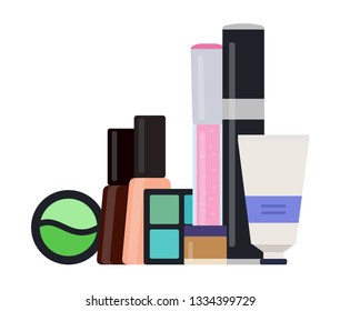 Set of makeup products. Mascara, lip gloss, nail polishes, eye shadow and makeup base in a plastic tube vertically vector icon flat illustration isolated on white