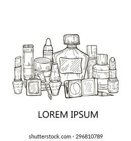 Set of make-up products and perfumes. Vector hand drawn make-up collection.