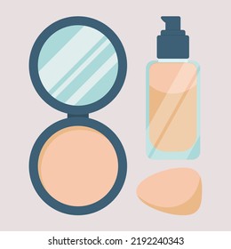 Set Of Makeup Products With Tone Cream, Powder And Sponge Vector Illustration In Flat Style