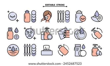 A set of makeup removal and cleansing icons for skincare and beauty design. Features products and tools for a daily routine. Perfect for cosmetics brand websites, skincare mobile apps, and tutorials on personal hygiene.