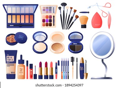 Set for makeup, shadows, powder, various brushes, mascara, lipstick, foundation, eyelash clip. Vector illustration